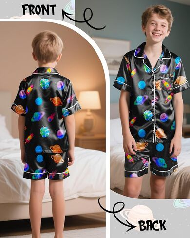 Fiodrimy Boys Pajamas Big Boys Satin PJS Set Summer Short Sleeve Button Down Kids Silky Pajama Lounge Sleepwear Size 8-14 in Saudi Arabia