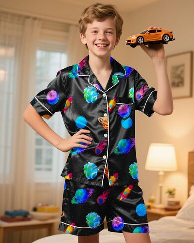 Fiodrimy Boys Pajamas Big Boys Satin PJS Set Summer Short Sleeve Button Down Kids Silky Pajama Lounge Sleepwear Size 8-14 in Saudi Arabia