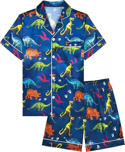 Fiodrimy Boys Pajamas Big Boys Satin PJS Set Summer Short Sleeve Button Down Kids Silky Pajama Lounge Sleepwear Size 8-14 in Saudi Arabia