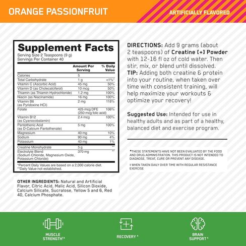 Optimum Nutrition Creatine Monohydrate بالإضافة إلى مسحوق ، Passionfruit Orange Passionfruit ، مزيج من الكرياتين النكهة مع الشوارد للترطيب ، الفيتامينات المضافة ، 40 حصص ، 360 جرام (قد تختلف العبوة) in Kuwait