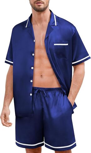 SWOMOG Men Satin Silk Pajamas Sets with Pockets Button-Down PJs Sets Short Sleeve Classic Sleepwear 2 Piece Loungewear in Saudi Arabia