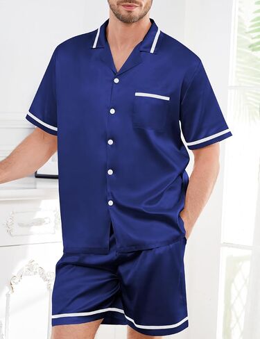 SWOMOG Men Satin Silk Pajamas Sets with Pockets Button-Down PJs Sets Short Sleeve Classic Sleepwear 2 Piece Loungewear in Saudi Arabia