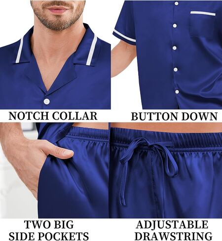 SWOMOG Men Satin Silk Pajamas Sets with Pockets Button-Down PJs Sets Short Sleeve Classic Sleepwear 2 Piece Loungewear in Saudi Arabia