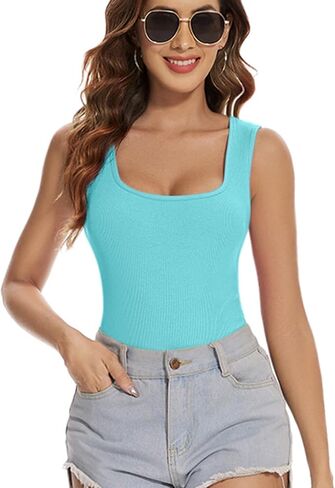 Plus Size White Bodysuit for Women Ribbed Tank Top Square Neck Sexy Going out Tummy Control Thong Shapewear Body Suit Summer Cloths (White XL) in Saudi Arabia
