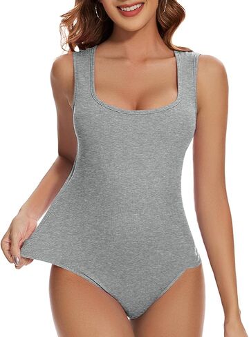 Plus Size White Bodysuit for Women Ribbed Tank Top Square Neck Sexy Going out Tummy Control Thong Shapewear Body Suit Summer Cloths (White XL) in Saudi Arabia