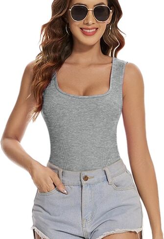 Plus Size White Bodysuit for Women Ribbed Tank Top Square Neck Sexy Going out Tummy Control Thong Shapewear Body Suit Summer Cloths (White XL) in Saudi Arabia