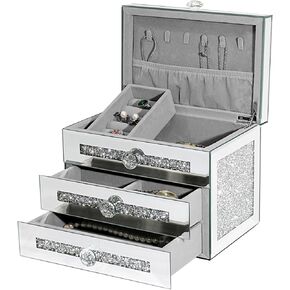 Mirrored Jewelry Box with Lids,3-Tier Jewelry Storage Organizer with 2 Drawers,Crushed Diamond Silver Glass Surface,Necklace Earrings Rings Bracelets Jewelry case for women,Gift Idea