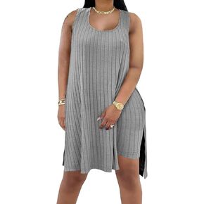 Women's Plus Size Two Piece Outfits Summer Sleeveless Tunic Tops Bodycon Biker Shorts Sweatsuits Sets