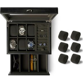 TAWBURY Bayswater 6 Watch Jewelry Box (Black/Charcoal) with a Set of 6 X-Small Pillows to Fit 5.5-6.5" Wrists