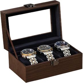 J&T Technology Watch Box للرجال ، 3 حالة مشاهدة رجال ، ومنظمات حامل مشاهدة مع غطاء زجاجي ، ووسائد مراقبة قابلة للإزالة ، وحالة عرض مشاهدة ، هدية مثالية (بنية ، 3 فتحات)