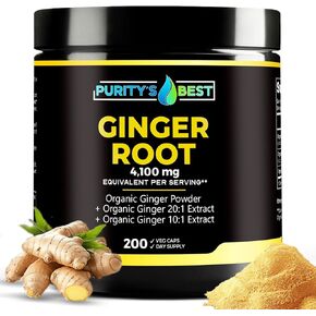 Purity’s Best Ginger Root Powder + 10x + 20x Extract, 4,100 mg Eq. Per Serving, Digestive, Immune & Cardiovascular Support, Max Strength, 200 Veggie Caps,