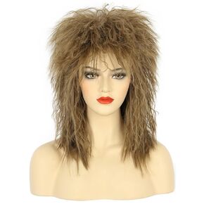 karlery Women Men Long Curly Light Brown Wig 70s 80s Rocker Mullet Costume Wig Halloween Cosplay Party Wig