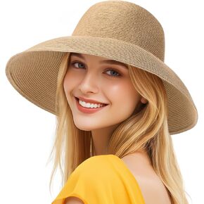 Beach Sun Hats for Women - Wide Brim Straw Womens Summer Hat with Wind Lanyard Roll Up, Foldable Sun Hat UV Protection