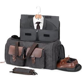 Waxed Canvas Garment Bags for Travel, Convertible Carry On Garment Duffel Bag for Men Women, 2 in 1 Suit Bag Hanging Suitcase Business Travel Bag with Shoe Compartment (Vintage Grey, L)