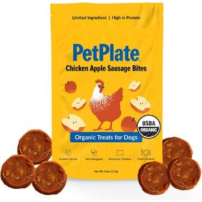 PetPlate Chicken Apple Sausage Bites, Human Grade Dog Treats, Pet Treats for All Life Stages, Dog Treats, Grain-Free, Organic and Real Ingredients, High Protein, Healthy Snacks (Pack of 1, 4.5 Ounce)