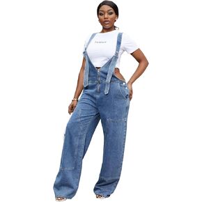 LAJIOJIO Denim Overalls for Women Casual Wide Leg Pants Baggy Jean Vintage Jumpsuit with Pockets in Kuwait
