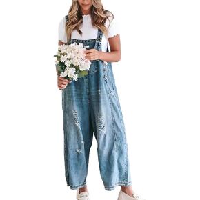 SOMTHRON Women's Adjustable Strap Denim Bib Overall Ripped Distressed Wide Leg Jeans Pants Baggy Jumpsuit