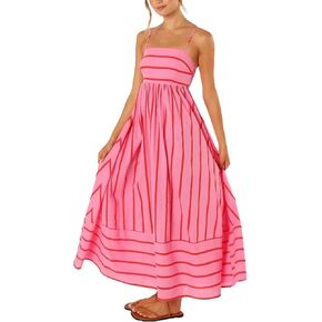 KMBANGI Women Striped Sleeveless Maxi Dress Swing Aline Midi Dress Backless Smocked Spaghetti Strap Boho Flowy Sundress
