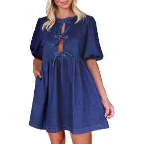 Qazel Vorrlon Denim Dress for Women Puff Short Sleeve Babydoll Jean Romper Pockets Summer Dressed Blue Dresses 2025 Nextery