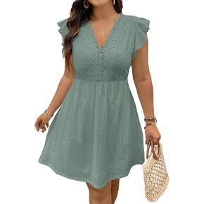 Eytino Plus Size Dresses for Women Summer Ruffle Cap Sleeve Lace V Neck Embroidery Eyelet A Line Dress(1X-5X)
