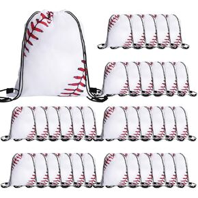 36 Pcs Ball Drawstring Bags Sports Gym Bag Unisex Ball String Backpacks for Kids Various Ball Games Party Favors (baseball), White and Red, 11.8 x 15.7 inch