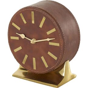 Deco 79 Faux Leather Round Clock with Gold Rectangular Base, 6" x 4" x 7", Brown