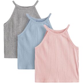 Milumia Girl 3 Piece Tank Tops Rib Knit Sleeveless Basic Solid Halter Tops