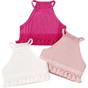 SHENHE Girl's 3 Piece Halter Top Lace Ribbed Knit Sleeveless Casual Summer Cami Tops