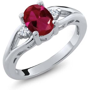 925 Sterling Silver Gemstone Birthstone 3-Stone Engagement Ring for Women | Oval 8X6MM Center Stone with Round 2MM Accents | Elegant Three-Stone Wedding Anniversary Promise Jewelry Gift | Sizes 5-9