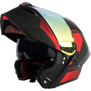Orthrus Modular LED Full Face Motorcycle Helmet - DOT Approved Flip-Up Dual Visor Sun Shield & Bluetooth Ready for Adults Men Women - Street Bike/Motocross (Dobermann Red, L)