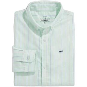 vineyard vines Boys Stripe Oxford Whale Button Down Shirt, Mint Sprig, Large (16)