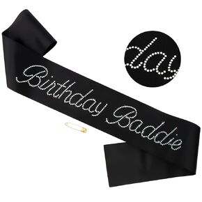 "Birthday Baddie Sash for Women Girls, Black Sash with Rhinestone Letter for Funny Baddie Birthday Decorations, Cute Celebration Accessories Party Supplies