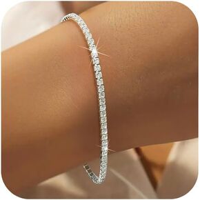 925 Sterling Silver Cubic Zirconia Tennis Bracelet for Women Sparkling Classic 1mm Simulated Diamond Charm Chain Bracelets Bridal Wedding Birthday Jewelry Gifts for Wife Mom (Silver, 2 mm)