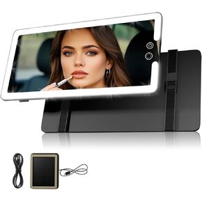 Solar Car Sun Visor Vanity Mirror, Sun Visor Makeup Mirror for Car,Dimmable with 3 Light Modes