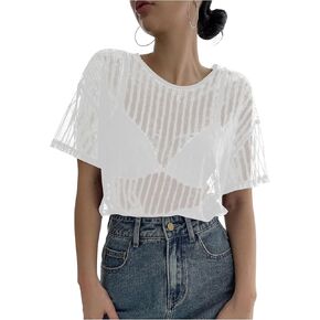 SHENHE Women's Striped See Through Mesh Crew Neck Short Sleeve Sheer Sexy Tee Top in Kuwait