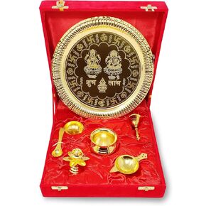 Pooja Thali Set Gold Plated with Red Gift Box Designed 22 cm Puja Plate Kalash Bowl Ghanti Spoon Dhup Dan Diya for Home Office Diwali Wedding Return Gift Items