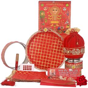 TIED RIBBONS Karwa Chauth Pooja Thali Set for Karwachauth Puja Combo (Puja Thali, Channi, Lota, Bindi, Book, Shagun Envelope with Pooja Accessories) Karva Chauth Gifts Items | Karva Chauth Set