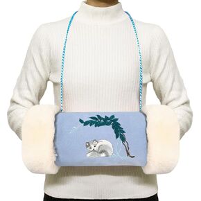 Faux Fur Hand Muffs, Portable Hand Warmer Pouch with Zipped Pocket Strap for Cold Weather, Cute Blue Embroidery Pattern Hand Muffler for Women Girls