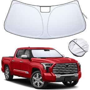 TOPINSTALL 2024 Upgraded Foldable Windshield Sun Shade Compatible with 2022 2023 2024 Toyota Tundra Accessories, 310T Thickened Front Window Sun Visor with Storage Pouch Blocks UV Rays and Heat