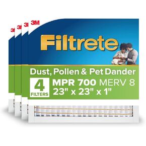 Filtrete 23X23X1 Air Filter, MPR 700, MERV 8, Clean Living Dust, Pollen and Pet Dander Reduction 3-Month Pleated 1-Inch Air Filters, 4 Filters