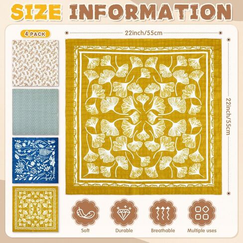 4 Pack 21''x21'' Floral Bandana Headband for Women Summer Cute Retro Hair Head Cotton Scarf for Head in Saudi Arabia