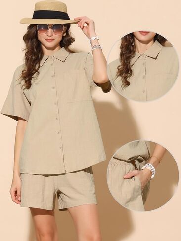 Allegra K Summer Two Piece Outfits for Women Cotton Button Down Shirt Casual Lounge Beach Short Sets in Saudi Arabia