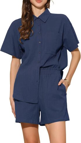 Allegra K Summer Two Piece Outfits for Women Cotton Button Down Shirt Casual Lounge Beach Short Sets in Saudi Arabia