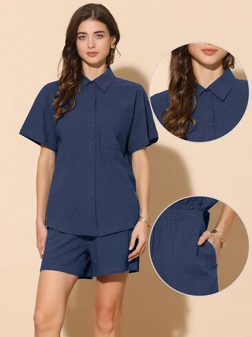 Allegra K Summer Two Piece Outfits for Women Cotton Button Down Shirt Casual Lounge Beach Short Sets in Saudi Arabia