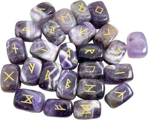 Natural Amethyst Rune Stones Set, Engraved Elder futhark Viking Alphabet Runes Gemstone Chakra Balancing Reiki Healing Spiritual Metaphysical, 25Pcs in Saudi Arabia