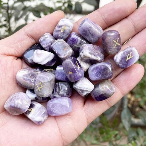Natural Amethyst Rune Stones Set, Engraved Elder futhark Viking Alphabet Runes Gemstone Chakra Balancing Reiki Healing Spiritual Metaphysical, 25Pcs in Saudi Arabia