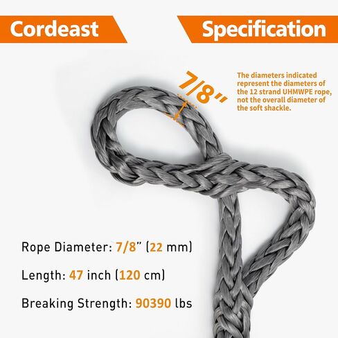 قيود ناعمة الاصطناعية 7/8 "× 47" (قوة كسر 90390 رطل) حبل حبل uhmwpe طويل جدًا لاستعادة الشاحنة الشديدة على الطرق الوعرة (رمادي ، حزمة واحدة) in Kuwait