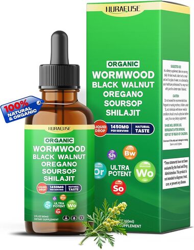 Wormwood العضوي ، الجوز الأسود ، Oregano ، Soursop ، Shilajit Liquid Drops - 1550mg لكل وجبة ، فائقة القوية ، الولايات المتحدة الأمريكية مصنوعة ومختبر - 2 أوقية (60 مل) in Kuwait
