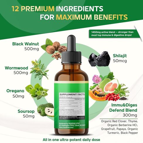 Wormwood العضوي ، الجوز الأسود ، Oregano ، Soursop ، Shilajit Liquid Drops - 1550mg لكل وجبة ، فائقة القوية ، الولايات المتحدة الأمريكية مصنوعة ومختبر - 2 أوقية (60 مل) in Kuwait
