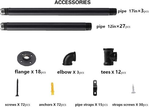 Kaler Industrial Iron Pipe Shelves - Set of 2, 5-Tier Wall-Mounted Bookshelf with Vintage Retro Design and Rustic Farmhouse Appeal Black（68" H） in Kuwait